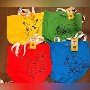 Pokemon Tote Bags- Full Set of Pikachu, Bulbasaur, Charmander, and Squirtle